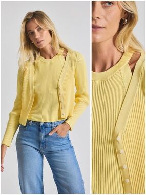 Derek Lam 10 Crosby Buttercup Yellow Rib Knit Layered Cardigan Set NWT Medium